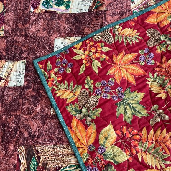 Handmade Harvest Lap Quilt Split Rail Greens & Browns Fall Leaf Berries 43 x 52 - Picture 7 of 14